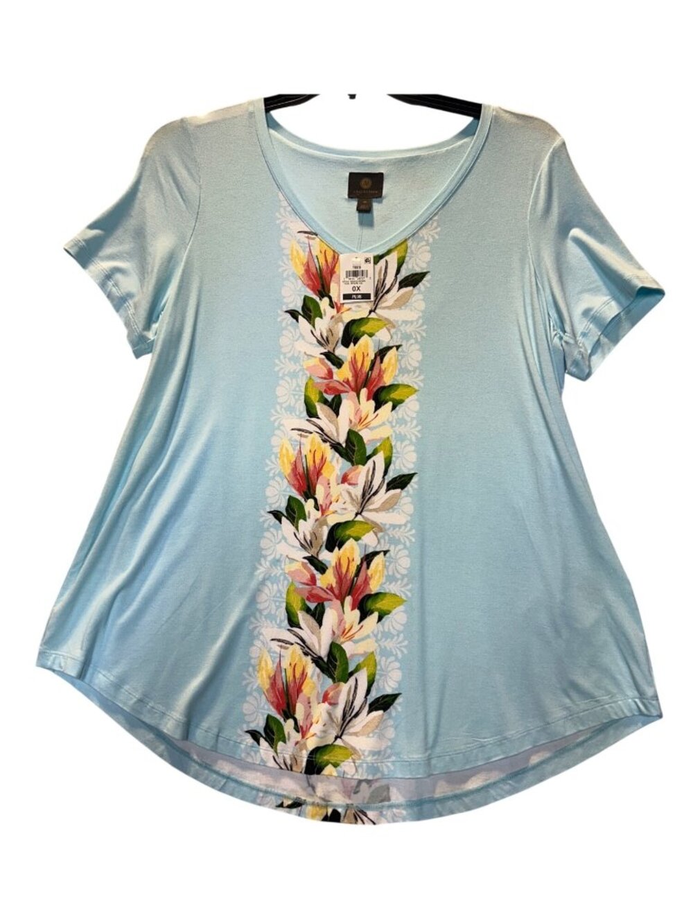 JM Collection Plus Size Top OX  Floral Panel Short Sleeve High-Low Hem Top